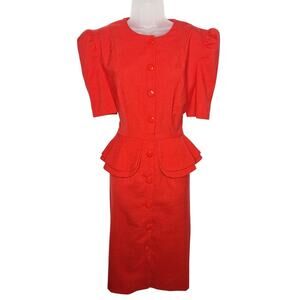 Vintage 80s does 40s Peplum Shirt Dress M Puff Sleeve Secretary Wiggle Pencil